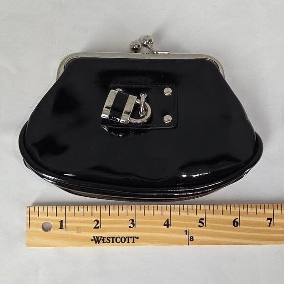 BLACK FAUX PATENT LEATHER CLUTCH PURSE W/ LOCK CHARM, BOTTOM ZIP POCKET – 7"x4" - Picture 7 of 8